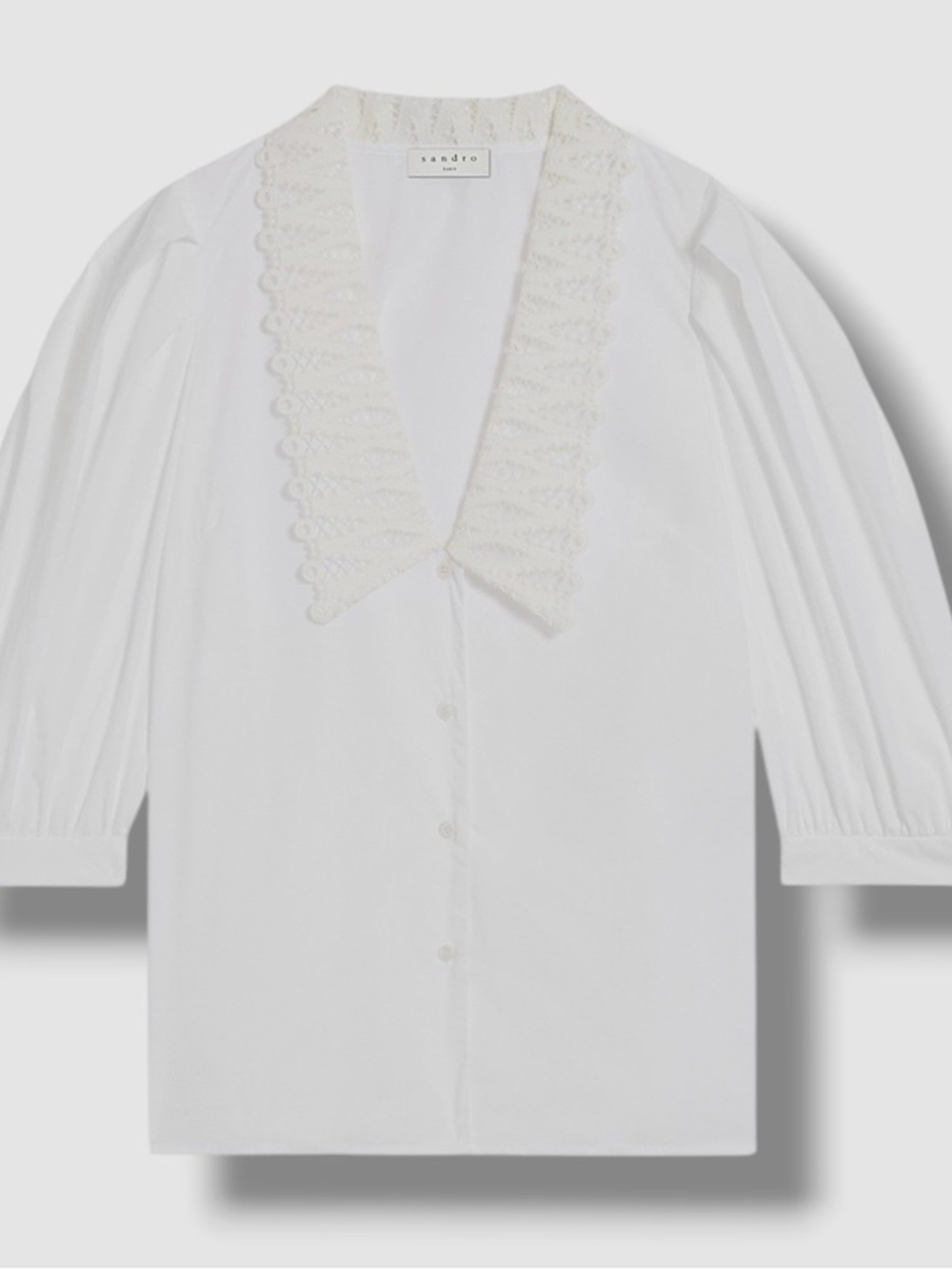 Sandro White Cotton Blouse with Lace-Trim Collar - Picture 2 of 4